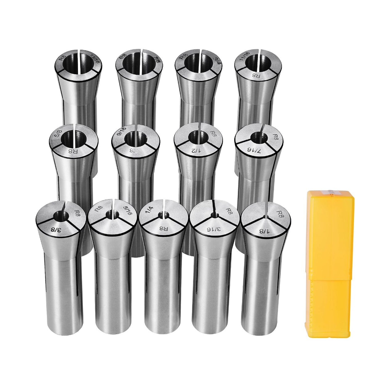 13 pcs Precision R8 Collet Set, 1/8'' - 7/8'', 45# Mill Collet Chuck 0.0012"/30μm TIR with 13 Labeled Storage Boxes, for Milling Machine Drill Presses Boring Machine Machining Center