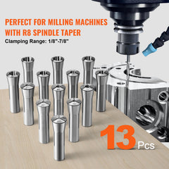 13 pcs Precision R8 Collet Set, 1/8'' - 7/8'', 45# Mill Collet Chuck 0.0012"/30μm TIR with 13 Labeled Storage Boxes, for Milling Machine Drill Presses Boring Machine Machining Center