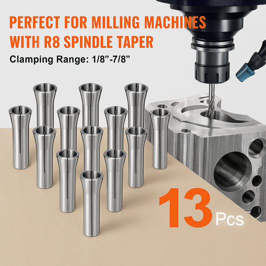 13 pcs Precision R8 Collet Set, 1/8'' - 7/8'', 45# Mill Collet Chuck 0.0012"/30μm TIR with 13 Labeled Storage Boxes, for Milling Machine Drill Presses Boring Machine Machining Center