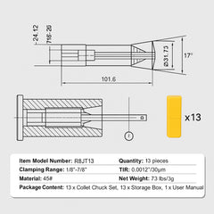 13 pcs Precision R8 Collet Set, 1/8'' - 7/8'', 45# Mill Collet Chuck 0.0012"/30μm TIR with 13 Labeled Storage Boxes, for Milling Machine Drill Presses Boring Machine Machining Center