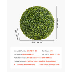 Artificial Topiary Ball, 584mm Faux Boxwood Plant Balls, Fake Silk Tree Look Real, Easy Assembly for Decor Front Porch Outdoor Patio Garden Balcony Backyard and Indoor Home Wedding, Green