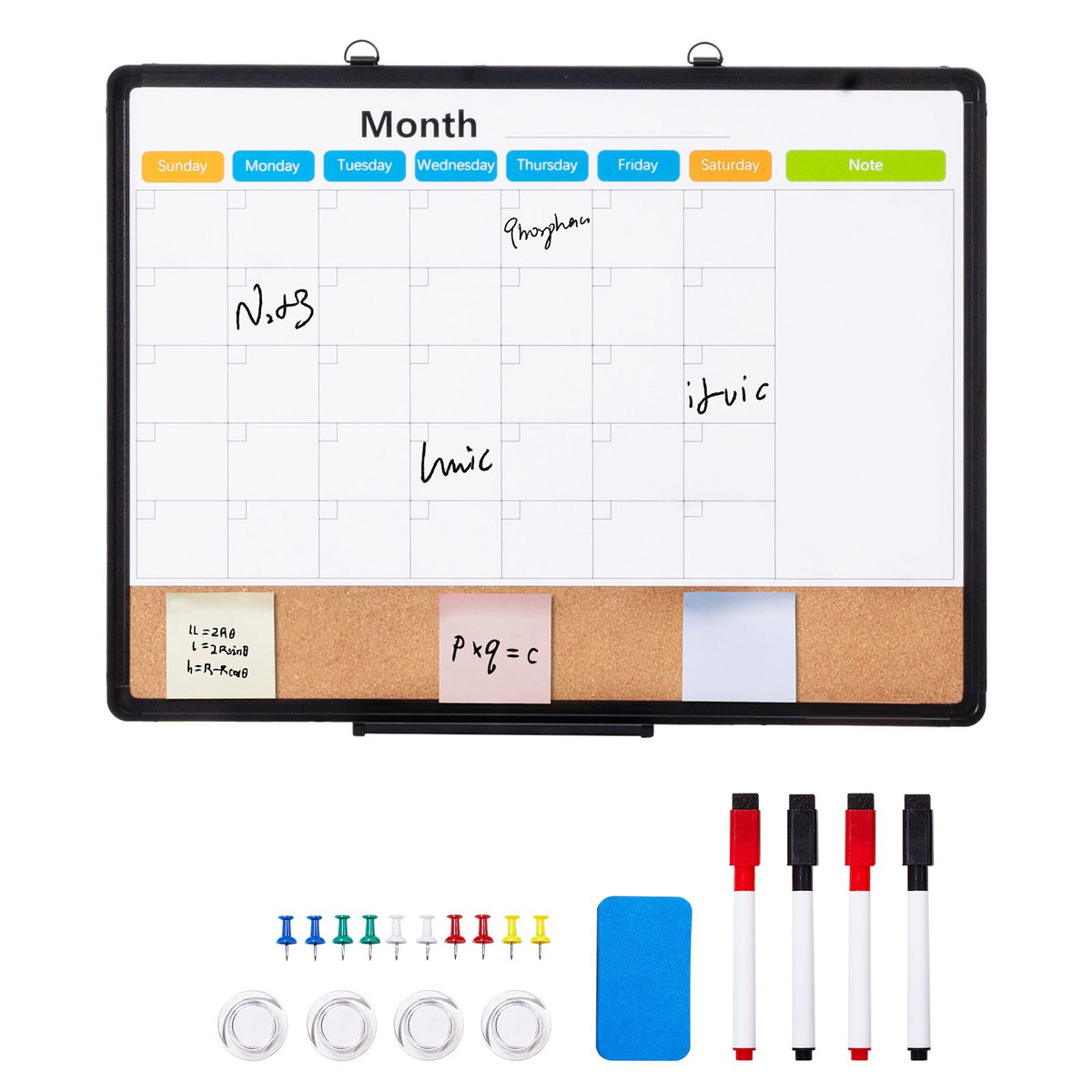 24"x 18" Monthly Calendar Whiteboard & Cork Board Combo with Aluminum Frame – 2-in-1 Magnetic Dry Erase Bulletin Board for Wall Mount – Ideal for School, Home, Office