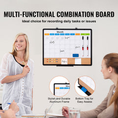 24"x 18" Monthly Calendar Whiteboard & Cork Board Combo with Aluminum Frame – 2-in-1 Magnetic Dry Erase Bulletin Board for Wall Mount – Ideal for School, Home, Office