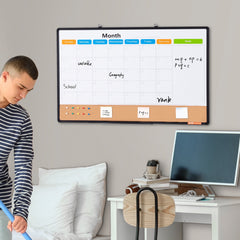 36"x 24" Monthly Calendar Whiteboard & Cork Board Combo with Aluminum Frame – 2-in-1 Magnetic Dry Erase Bulletin Board for Wall Mount – Ideal for School, Home, Office