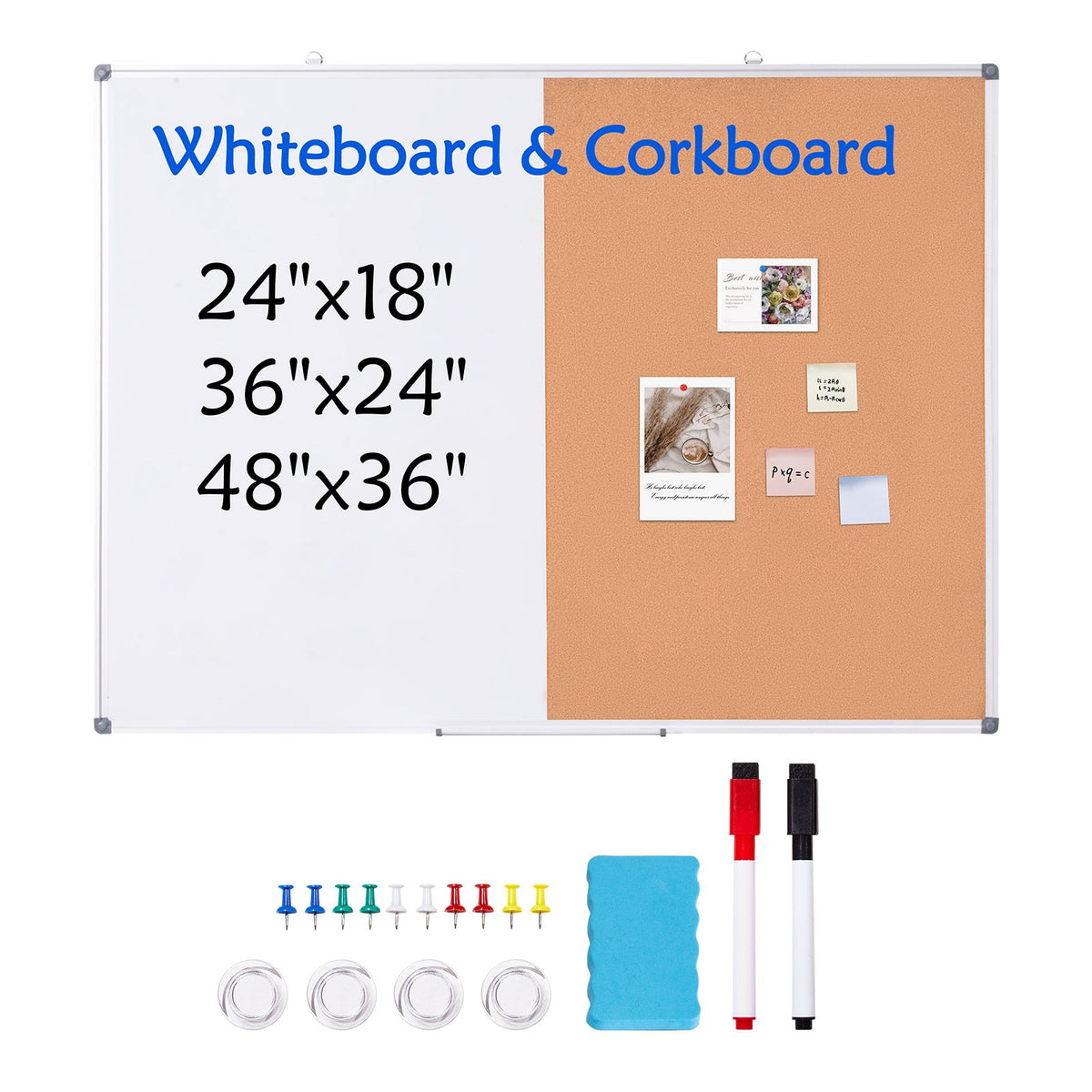 48"x 36" Whiteboard & Cork Board Combo with Aluminum Frame – 2-in-1 Magnetic Dry Erase Bulletin Board for Wall Mount – Ideal for School, Home, Office