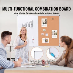 48"x 36" Whiteboard & Cork Board Combo with Aluminum Frame – 2-in-1 Magnetic Dry Erase Bulletin Board for Wall Mount – Ideal for School, Home, Office