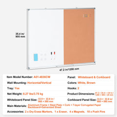 48"x 36" Whiteboard & Cork Board Combo with Aluminum Frame – 2-in-1 Magnetic Dry Erase Bulletin Board for Wall Mount – Ideal for School, Home, Office