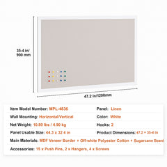 48"x36" White Cork Board with Linen Surface – Stylish Wall-Mounted Bulletin Board for Home, School, Office – Elegant & Functional Noticeboard