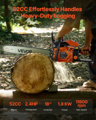 52cc Gas Chainsaw 1.8 kW Gas Powered 455 mm Chainsaw For Wood Cutting