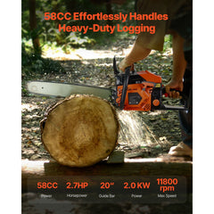 58 cc Gas Chainsaw, 508 mm Gas Powered Chainsaw, 2.0 kW Power Chain Saw with Non-Slip Handle, Gas-Powered Chainsaws with Dual Fuel Tanks, For Wood Cutting, Tree Trimming, and Land Clearing