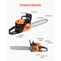 58 cc Gas Chainsaw, 508 mm Gas Powered Chainsaw, 2.0 kW Power Chain Saw with Non-Slip Handle, Gas-Powered Chainsaws with Dual Fuel Tanks, For Wood Cutting, Tree Trimming, and Land Clearing