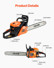 58 cc Gas Chainsaw, 508 mm Gas Powered Chainsaw, 2.0 kW Power Chain Saw with Non-Slip Handle, Gas-Powered Chainsaws with Dual Fuel Tanks, For Wood Cutting, Tree Trimming, and Land Clearing