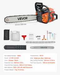 58 cc Gas Chainsaw, 508 mm Gas Powered Chainsaw, 2.0 kW Power Chain Saw with Non-Slip Handle, Gas-Powered Chainsaws with Dual Fuel Tanks, For Wood Cutting, Tree Trimming, and Land Clearing