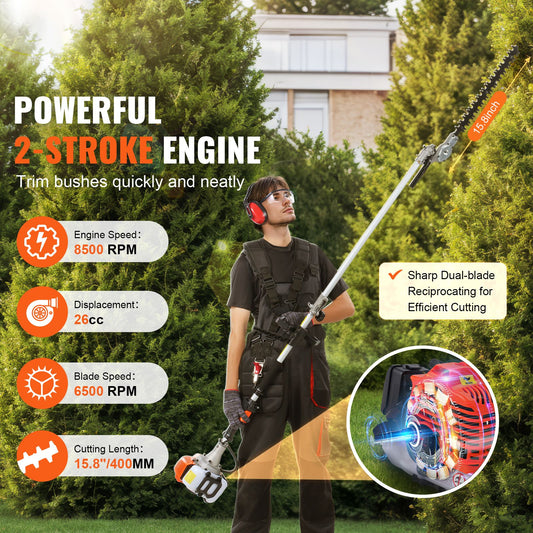 15.7-inch 26CC 2 Cycle Gas Hedge Trimmer, Gas Powered Pole Hedge Trimmer with Dual Sided Dual Action Blade, Adjustable Trimmer Head, Suitable for Trimming Shrubs, Bushes