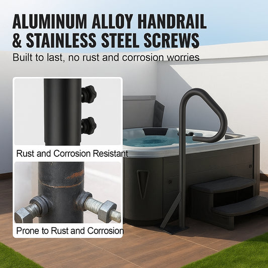 Hot Tub Handrail, 360 Rotatable Spa Side Handrail with 48"-63" Adjustable Height, Rust-proof Aluminum Spa Step Hot Tub Hand Rail with Slide-Under Mount Base for Indoor & Outdoor, 600LBS Capacity