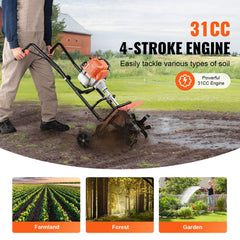 Tiller Cultivator Gas Powered, 31CC 4-Stroke Garden Cultivator, Tiller with 4 Steel Adjustable Front Tines for Lawn, Garden and Field Soil Cultivation