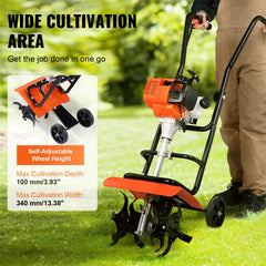 Tiller Cultivator Gas Powered, 31CC 4-Stroke Garden Cultivator, Tiller with 4 Steel Adjustable Front Tines for Lawn, Garden and Field Soil Cultivation