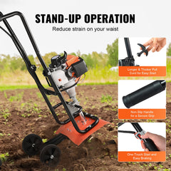 Tiller Cultivator Gas Powered, 31CC 4-Stroke Garden Cultivator, Tiller with 4 Steel Adjustable Front Tines for Lawn, Garden and Field Soil Cultivation