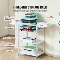 Heat Press Table 3Tier Movable Heat Press Stand Foldable with Wheels White