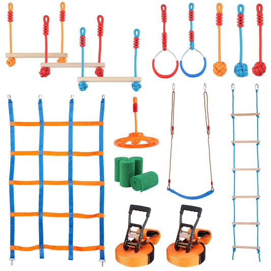 Ninja Warrior Obstacle Course for Kids, 2 x 17m Weatherproof Slacklines, 227kg Weight Capacity Monkey Line, Outdoor Playset Equipment, Backyard Toys Training Equipment Set with 12 Obstacles