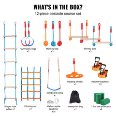 Ninja Warrior Obstacle Course for Kids, 2 x 17m Weatherproof Slacklines, 227kg Weight Capacity Monkey Line, Outdoor Playset Equipment, Backyard Toys Training Equipment Set with 12 Obstacles