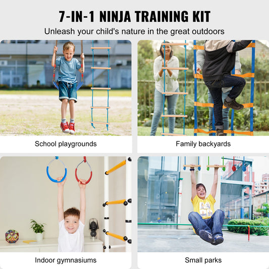 Ninja Warrior Obstacle Course for Kids, 2 x 17m Weatherproof Slacklines, 227kg Weight Capacity Monkey Line, Outdoor Playset Equipment, Backyard Toys Training Equipment Set with 12 Obstacles