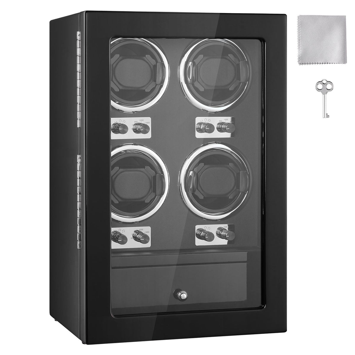Watch Winder, Watch Winder for 4 Men's and Women's Automatic Watches, with 4 Super Quiet Japanese Mabuchi Motors, Blue LED Light and Adapter, High-Density Board Shell and Black PU