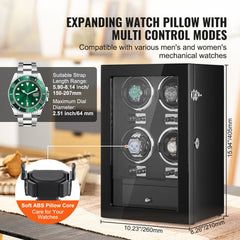 Watch Winder, Watch Winder for 4 Men's and Women's Automatic Watches, with 4 Super Quiet Japanese Mabuchi Motors, Blue LED Light and Adapter, High-Density Board Shell and Black PU