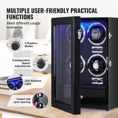 Watch Winder, Watch Winder for 4 Men's and Women's Automatic Watches, with 4 Super Quiet Japanese Mabuchi Motors, Blue LED Light and Adapter, High-Density Board Shell and Black PU