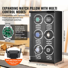 Watch Winder, Watch Winder for 6 Men's and Women's Automatic Watches, with 6 Super Quiet Japanese Mabuchi Motors, Blue LED Light and Adapter, High-Density Board Shell and Black PU