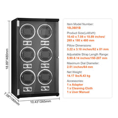 Watch Winder, Watch Winder for 6 Men's and Women's Automatic Watches, with 6 Super Quiet Japanese Mabuchi Motors, Blue LED Light and Adapter, High-Density Board Shell and Black PU