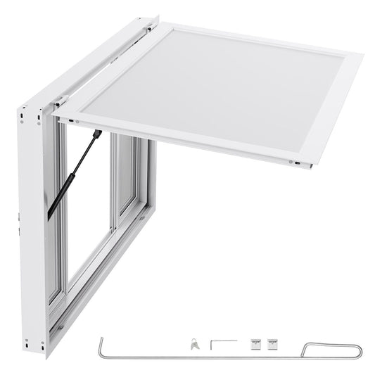 Concession Window 1346x838 mm, Aluminum Alloy Service Window for Food Truck, Up to 85 Degrees Stand Serving Window with 4 Sliding Windows, Awning Door, and Drag Hook, for Concession Trailers