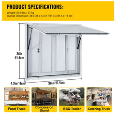Concession Window, 91.4 x 91.4 cm Aluminum Alloy Food Truck Service Window with 4 Horizontal Sliding Screen Windows & Awning Door & Drag Hook, Serving Window for Food Trucks Concession Trailers