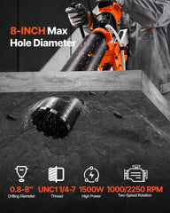Diamond Core Drilling Machine, 200 mm Drilling Diameter, 2-in-1 Handheld & Stand-Mount Dry and Wet Concrete Core Drill Rig with 4 Bits, 1000/2250 RPM 2-Speed, for Concrete Brick Stone, 1500W