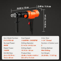 Diamond Core Drilling Machine, 4in Handheld Wet Concrete Core Drill Rig, 1100-2400RPM Two Speed & 1-1/4" Thread & 2 Bubble Levels, 3-4in Drilling Diameter for Concrete Brick Block Stone, 1500W