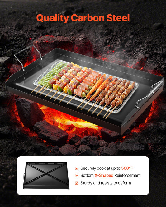 Carbon Steel Griddle, 24x16 inch Universal Flat Top Rectangular Plate, Gas Grill Griddle for BBQ Grill, Teppanyaki, Portable Family Cookware with Handle, for Camping Tailgating Party