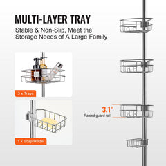 39" to 125" High Shower Corner Caddy Tension Pole Rust-Proof Tension Pole