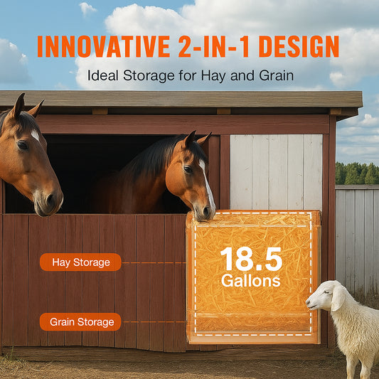 Goat Hay Feeder, 21 Gallons Large Capacity, 2 in 1 Hay and Grain Feeder, Wall Mounted Livestock Feeder with Feed Tray, Multiple Sided Goat Hay Rack, Sturdy Steel Hay Rack for Sheep Horses