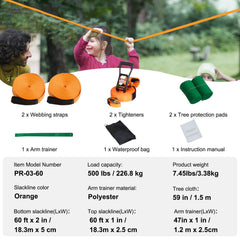 Slackline Kit with Training Line, 18.3m Backyard Slack Line Equipment, Easy Setup Tight Rope for Kids Adults, Complete Slackline Set with Tree Protectors, Arm Trainer, Carry Bag, and Instruction