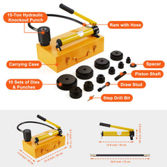 15 Ton Hydraulic Knockout Punch Kit, 1/2" to 4" Conduit Hole Cutter Set, KO Tool Kits with Puncher 10 Piece, Metal Sheet Driver Tools, For Aluminum, Brass, Stainless Steel, Fiberglass and Plasti