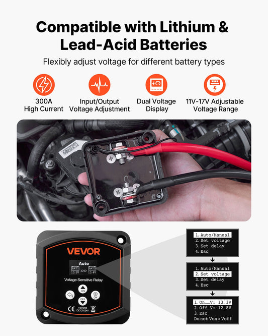 Dual Battery Isolator, 12V 300 Amp, Manual and Automatic VSR Voltage Sensitive Relay with LCD Screen, Smart Battery Isolator for Lithium & Lead-Acid Batteries, for Car Truck RV UTV ATV Boat