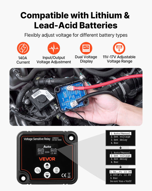 Dual Battery Isolator, 12V 140 Amp, Manual and Automatic VSR Voltage Sensitive Relay with LCD Screen, Smart Battery Isolator for Lithium & Lead-Acid Batteries, for Car Truck RV UTV ATV Boat