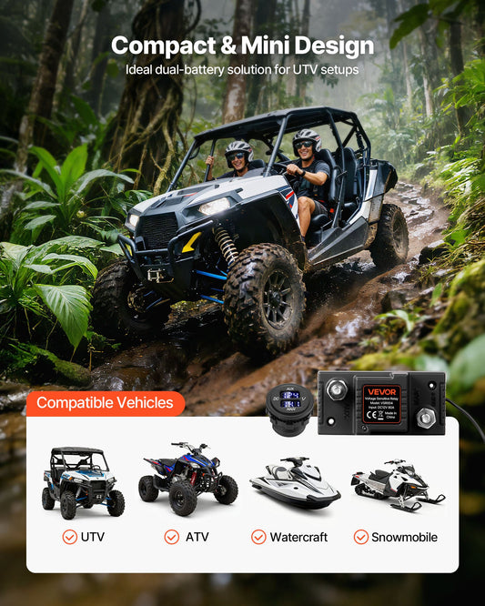 Dual Battery Isolator Kit, 12V 80 Amp, Manual and Automatic VSR Voltage Sensitive Relay with Voltmeter, LCD Screen, Smart Battery Isolator, Compatible with Lead-Acid Batteries, for UTV, ATV