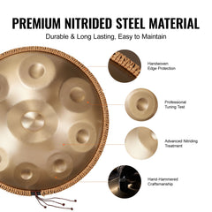 Handpan Drum 22 in 9 Notes D Minor Steel Hand Drum with Mallets for Adult