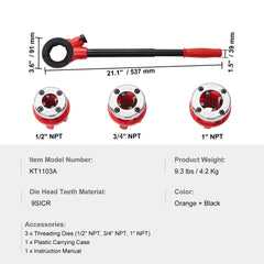 Ratchet Pipe Threader Kit, 1/2" NPT, 3/4" NPT, 1" NPT Manual Ratcheting Pipe Threader, Portable Pipe Threading Tool Set with 3PCS NPT Dies, Storage Case for Galvanized Aluminum Iron Copper Pipes