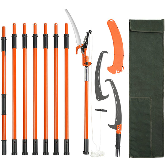 Manual Pole Saw, 2.24 m-8.24 m Extendable Tree Pruner, Sharp Steel Blade and Scissors High Branches Trimming, Branch Trimmer with Lightweight 8 Fiberglass Handles, for Pruning Palms and Shrubs