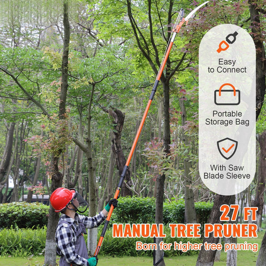 Manual Pole Saw, 2.24 m-8.24 m Extendable Tree Pruner, Sharp Steel Blade and Scissors High Branches Trimming, Branch Trimmer with Lightweight 8 Fiberglass Handles, for Pruning Palms and Shrubs