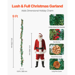 Christmas Garland, 2750mm Artificial Christmas Garland with Light String, Faux Greenery Decoration with Berry Clusters, Pine Needles, Pine Cones, Realistic Xmas Collection for Mantel Fireplace