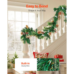 Christmas Garland, 2750mm Artificial Christmas Garland with Light String, Faux Greenery Decoration with Berry Clusters, Pine Needles, Pine Cones, Realistic Xmas Collection for Mantel Fireplace
