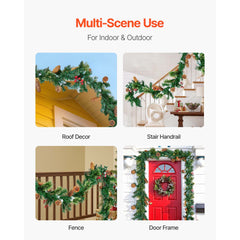 Christmas Garland, 2750mm Artificial Christmas Garland with Light String, Faux Greenery Decoration with Berry Clusters, Pine Needles, Pine Cones, Realistic Xmas Collection for Mantel Fireplace